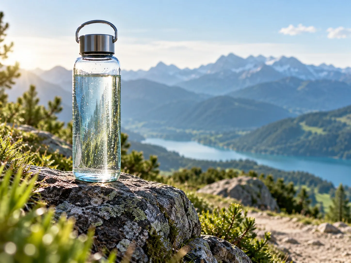 Wasserflasche in alpiner Berglandschaft