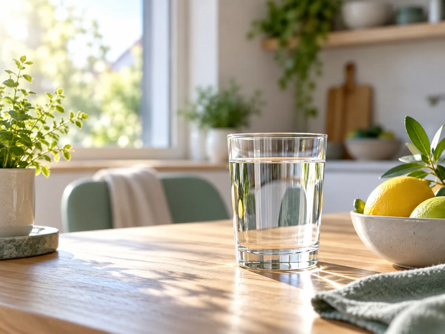 Glas Wasser in heller Küche