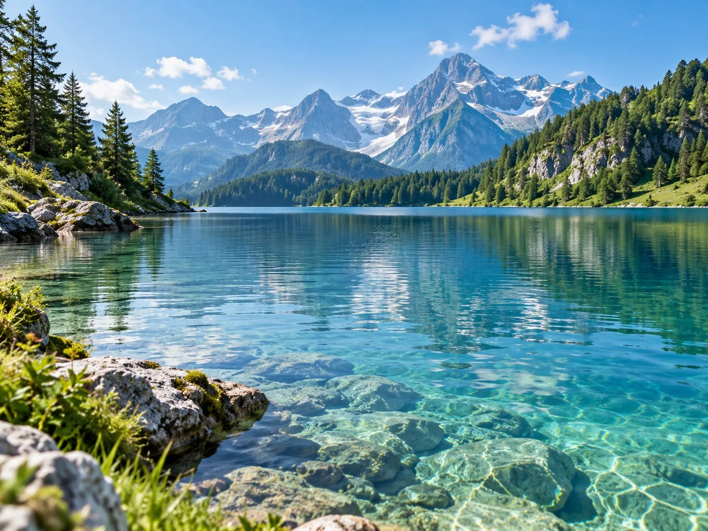 Klarer Alpensee mit Bergspiegelungen