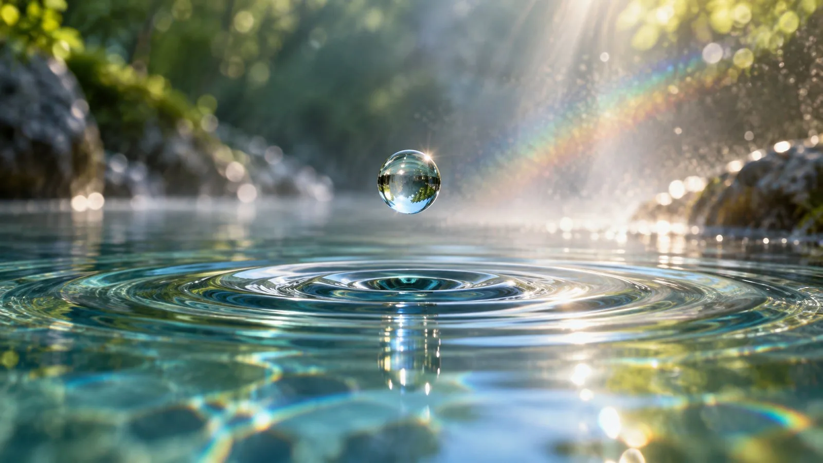 Schwebender Wassertropfen über Wasseroberfläche