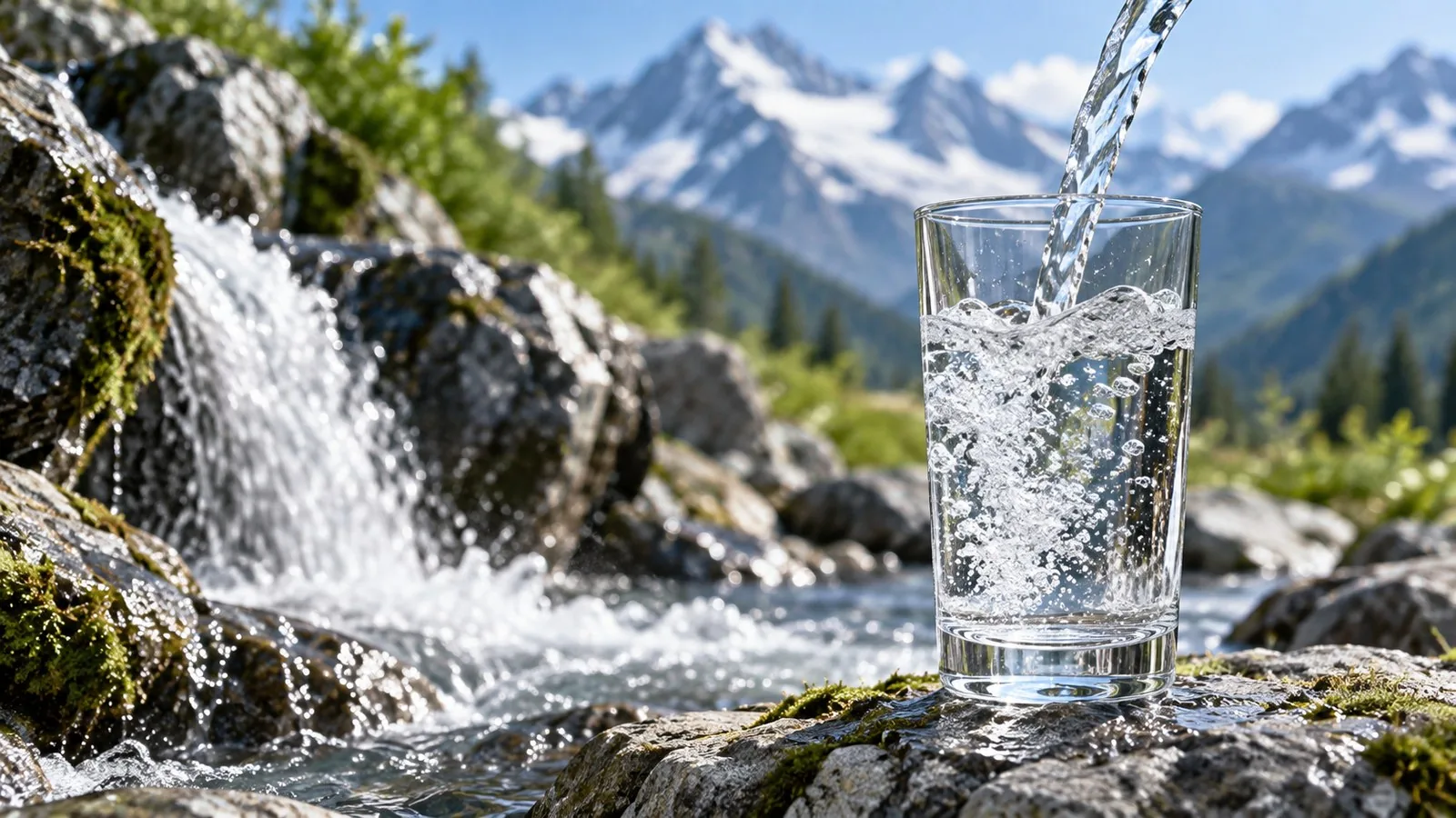 Glas mit klarem Wasser vor alpiner Landschaft