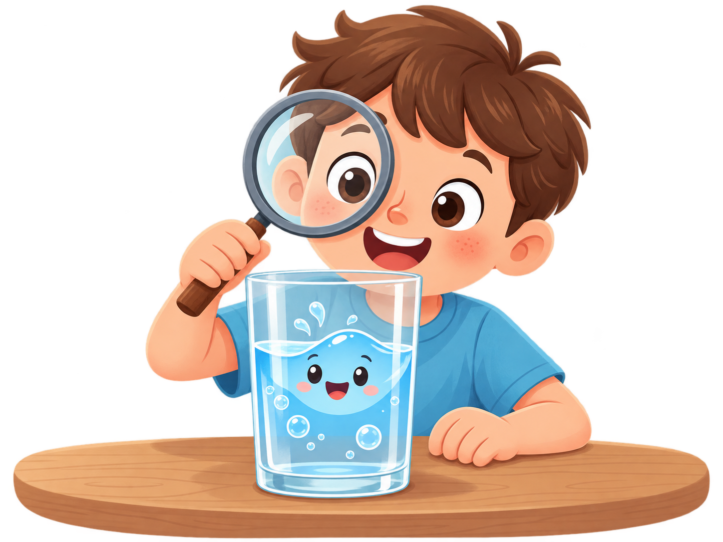 Junger Wasser-Detektiv mit Lupe und Wasserglas